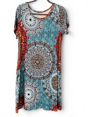 Turquoise Multicolor Mandala Print Shift Dress